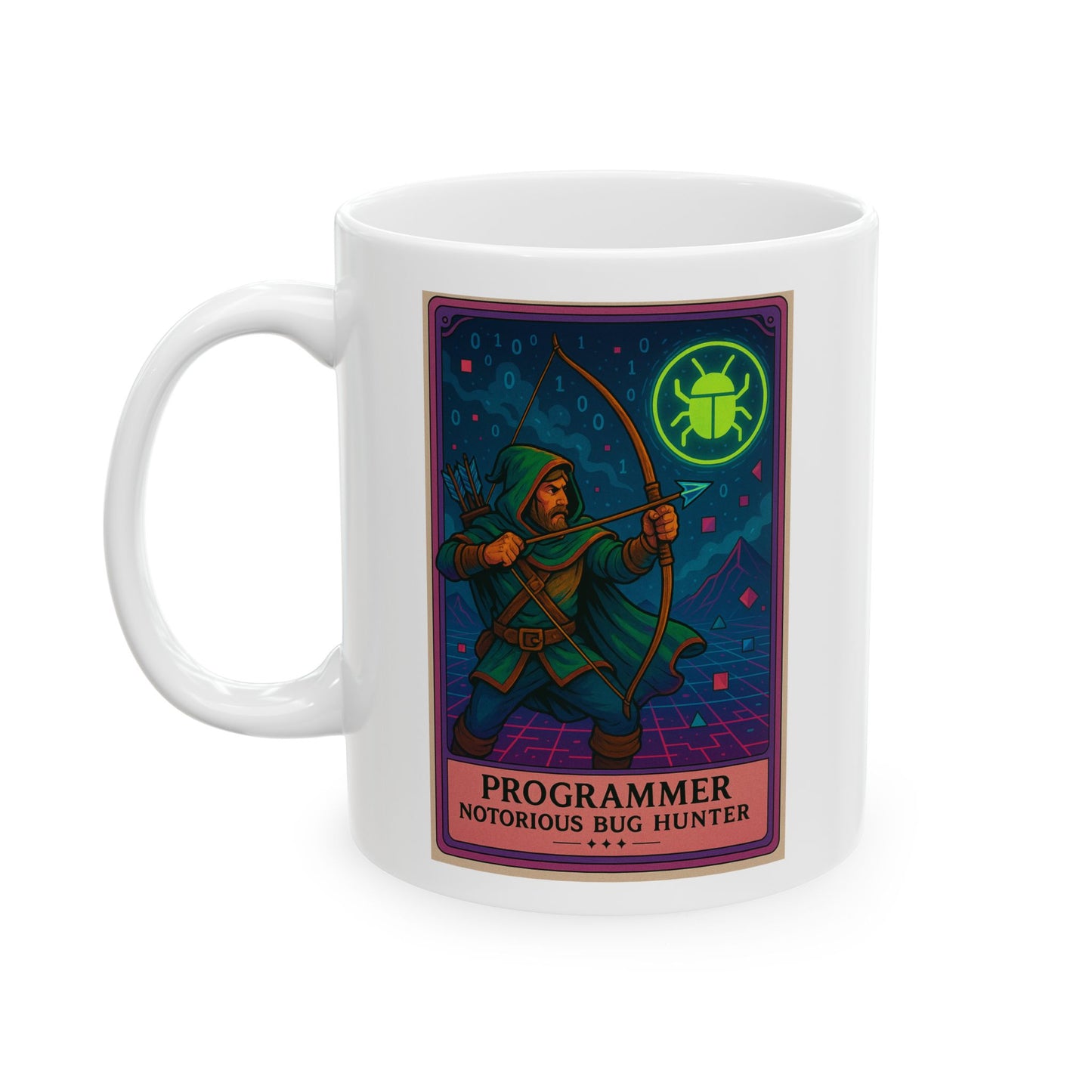 Mug with a graphic of a archer and text 'Programmer Notorious Bug Hunter' on a white background