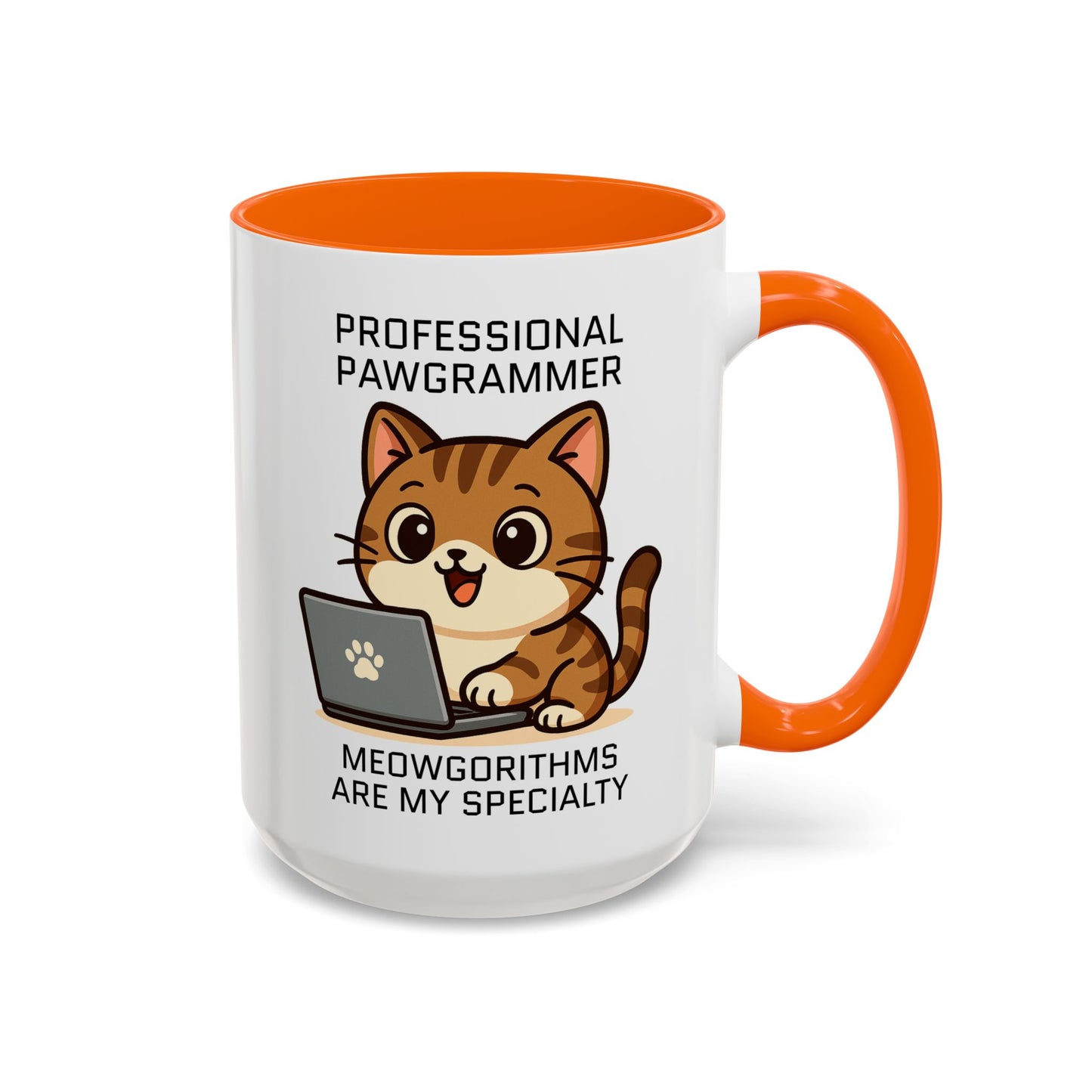 Mug with a cat illustration and text on a white background