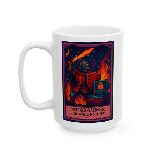 White mug with a graphic design of a knight and text 'Programmer Firewall Knight' on a white background
