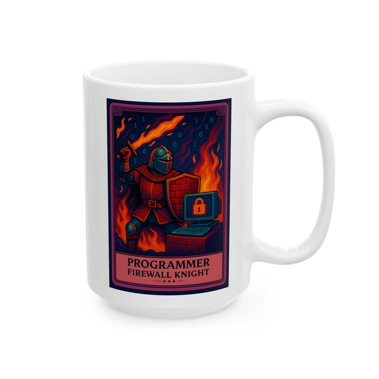 White mug with a colorful graphic of a knight and text on a white background