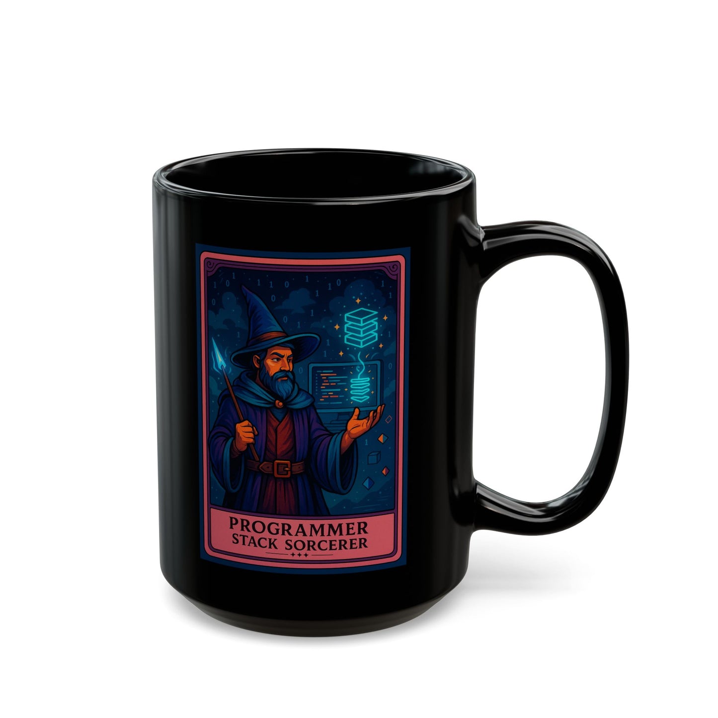Black mug with a graphic of a wizard and text 'Programmer Stack Sorcerer' on a white background