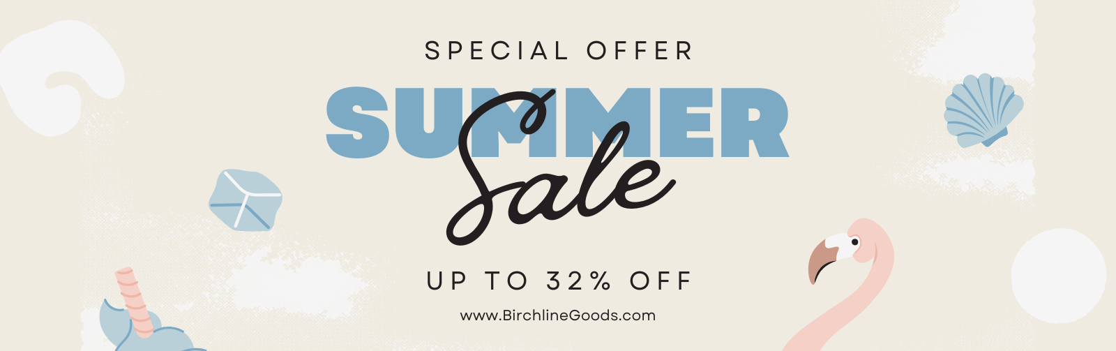 Birchline Goods summer sale banner with beach-themed graphics on a beige background