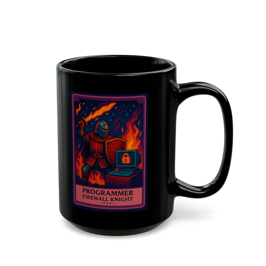 Black mug with a colorful graphic of a 'Programmer Firewall Knight' design on a white background